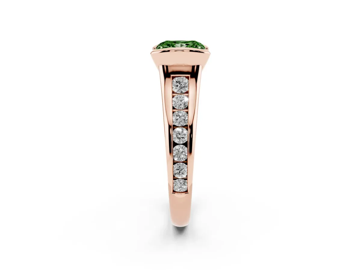 Fancy Green Princess Cut Solitaire Bezel-Set Diamond Ring with Channel-Set Band Rose gold