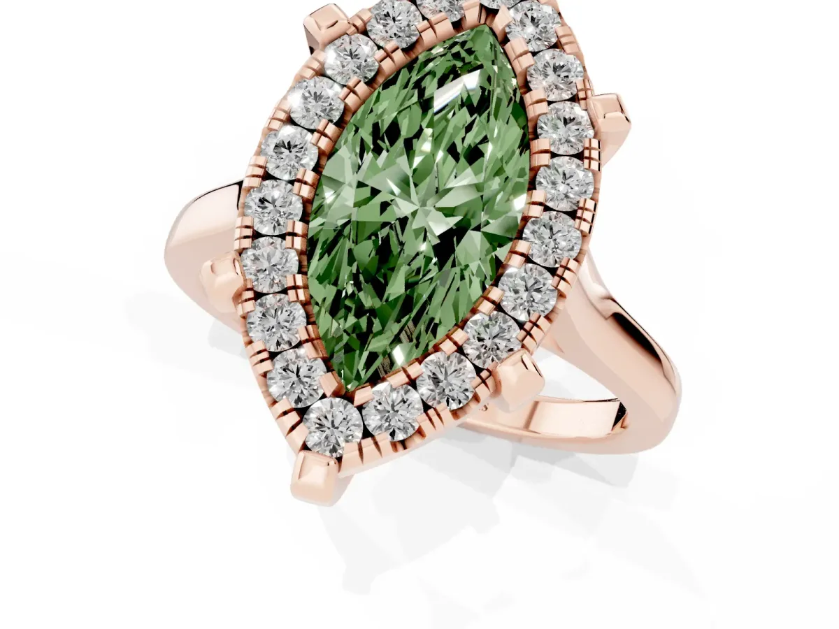 Fancy Green Marquise Cut Diamond Cluster Halo Solitaire with Four-Prong Setting Rose gold