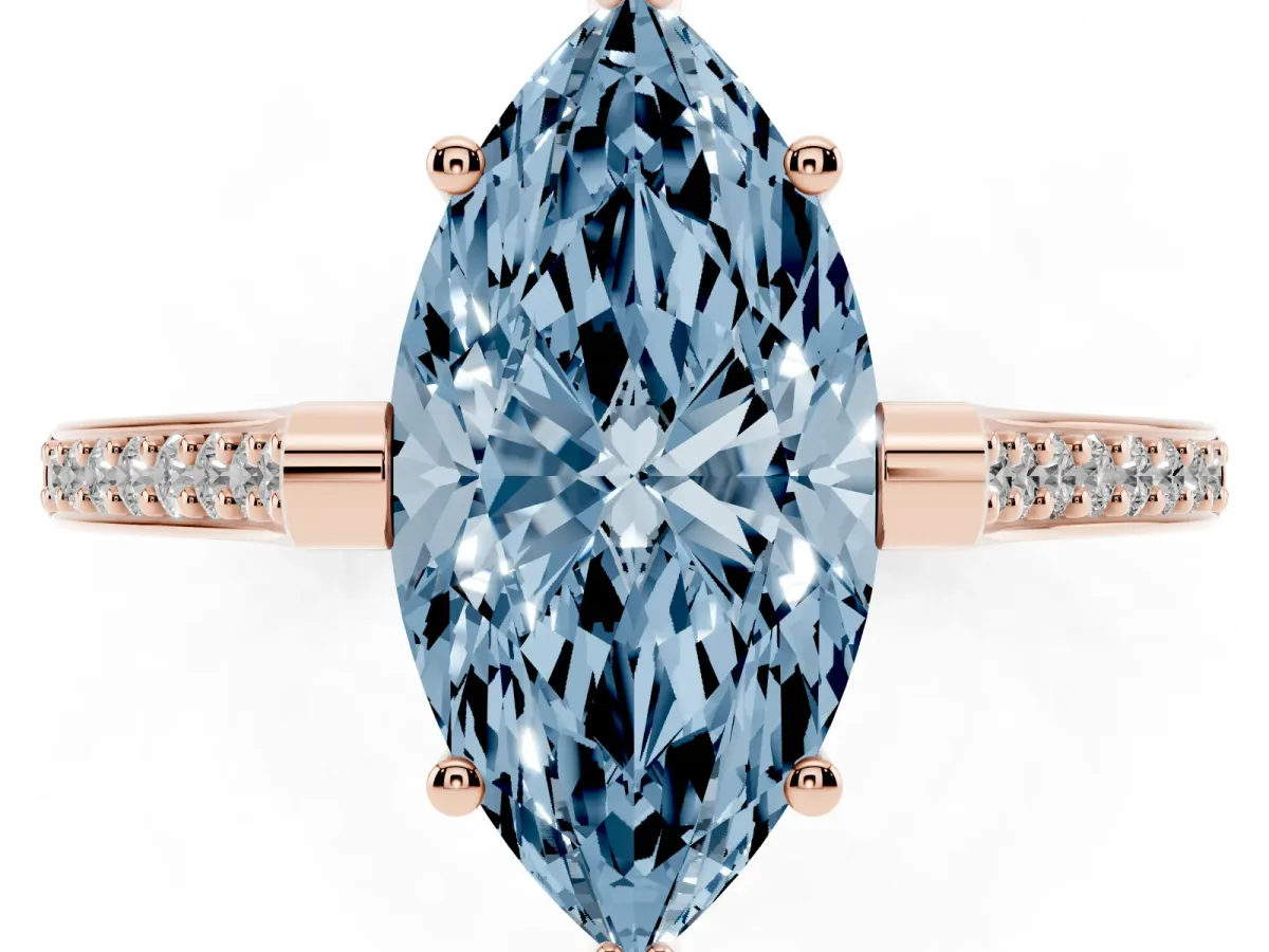Fancy Blue Marquise Cut Solitaire Diamond Ring with Channel Set Band and Bezel Prong Setting Rose gold