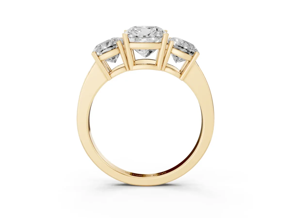 Three-Stone Cushion Cut Cut Diamond Engagement Ring with Flat Band and Four-Prong Setting Yellow gold