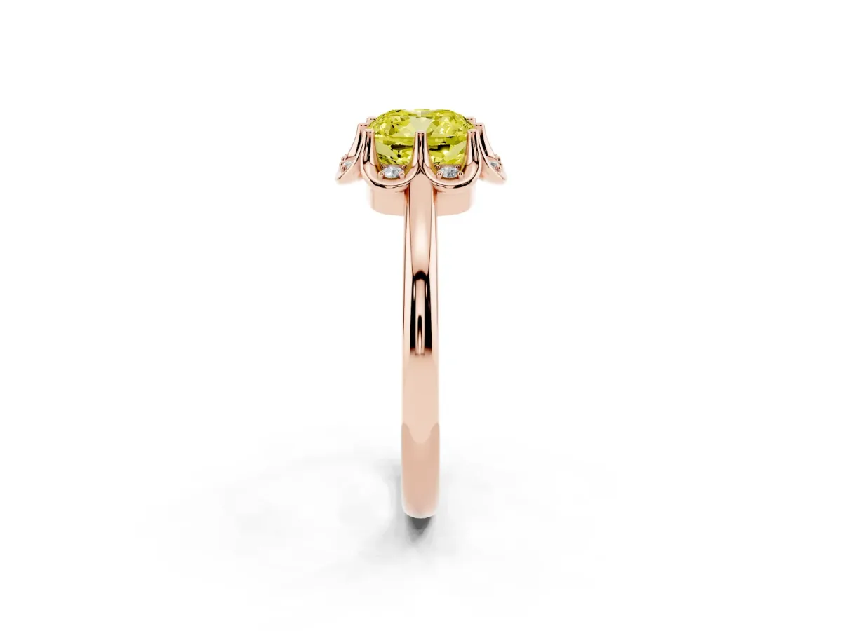 Fancy Yellow Cushion Cut Halo Diamond Ring with Round Cluster Setting, Solitaire Band, and Four-Prong Setting Rose gold