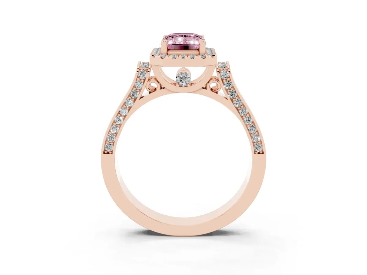 Fancy Pink Emerald Cut Halo Pave Split Shank Prong Setting Ring Rose gold