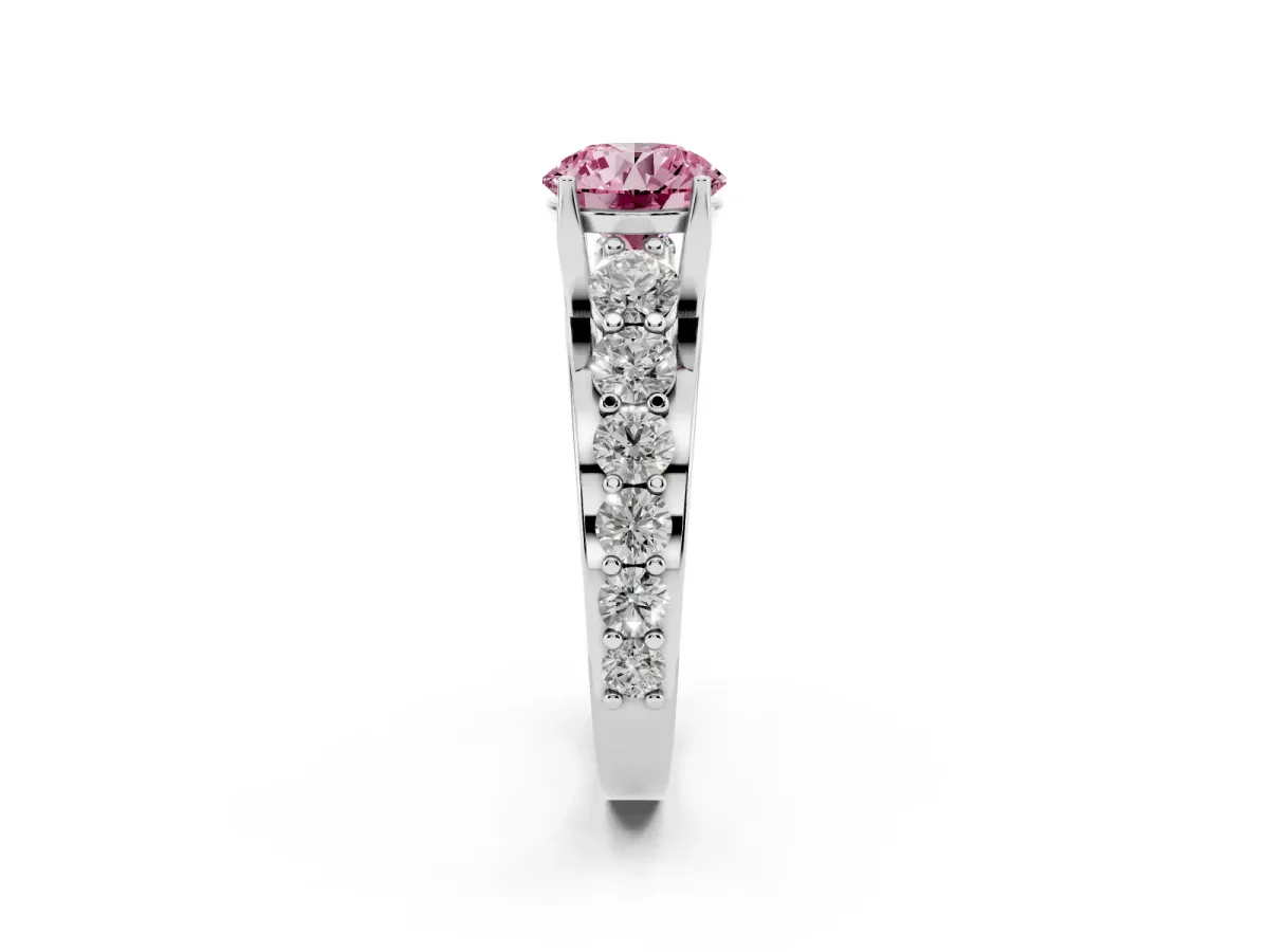 Fancy Pink Round Cut Diamond Engagement Ring with Pavé Band and Four-Prong Setting Platinum