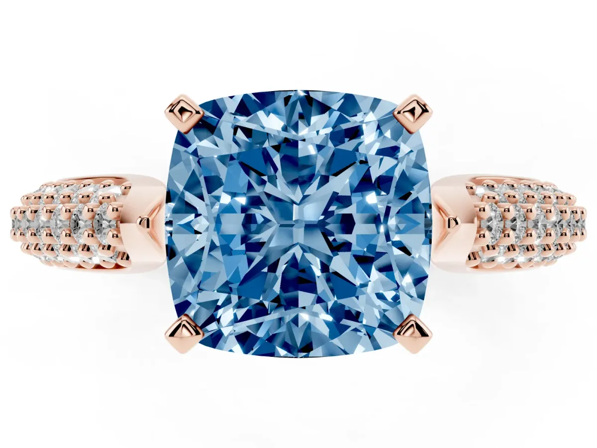Fancy Blue Cushion Cut Diamond Solitaire Engagement Ring with Multi-Row Round Pavé Band and Prong Setting Rose gold