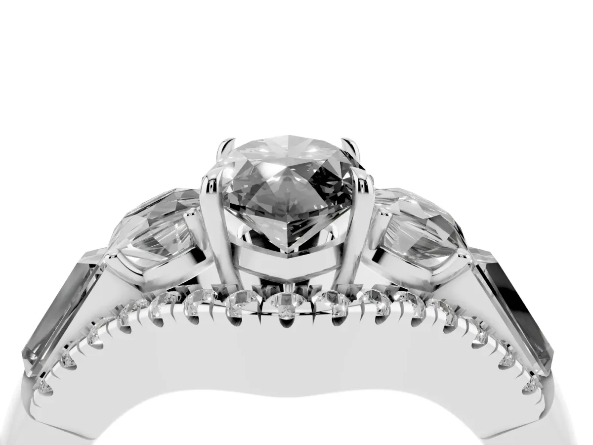Fancy Black Three-Stone Marquise Cut Diamond Engagement Ring with Pave Band and Prong Setting Silver