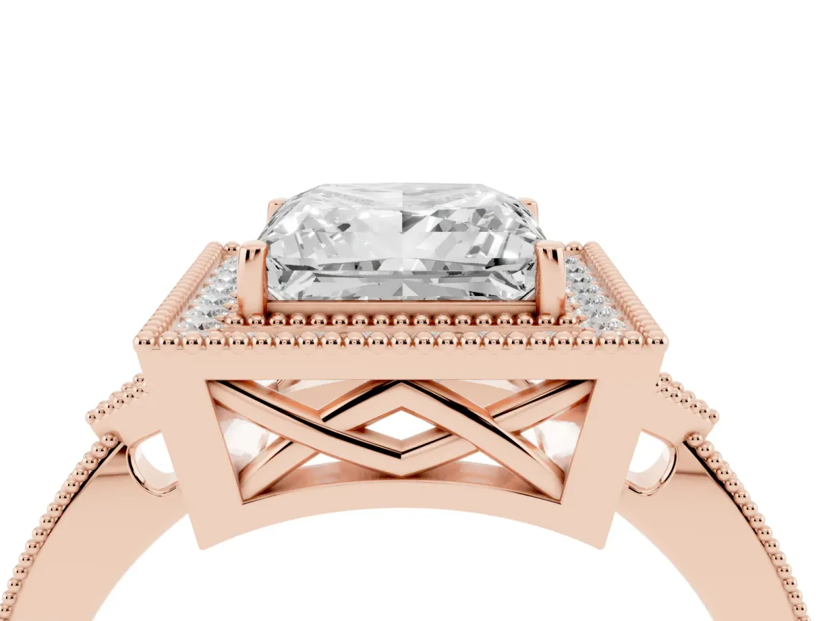 Princess Cut Halo Round Diamond Milgrain Pave Engagement Ring Rose gold