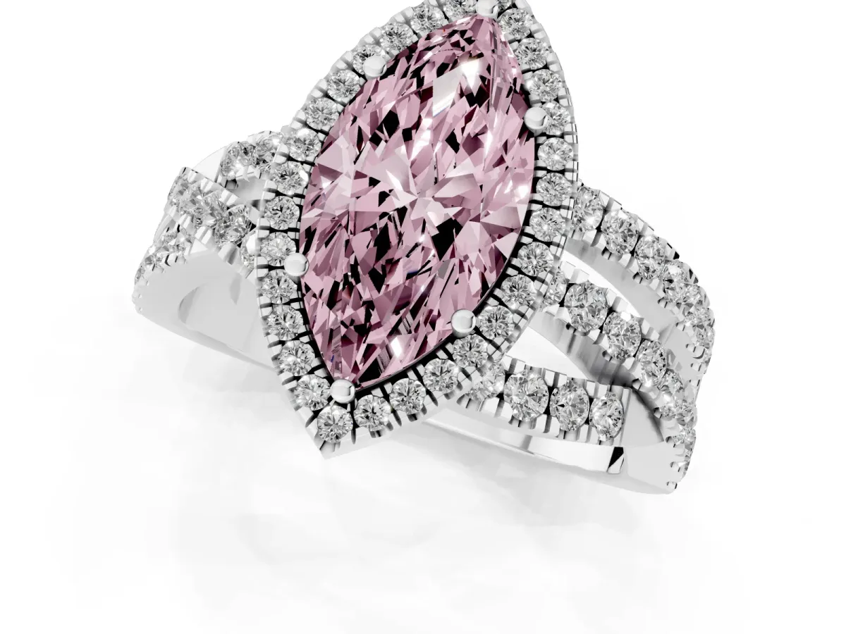 Fancy Pink Marquise Cut Diamond Halo Ring with Round Split Shank and Prong Setting Silver
