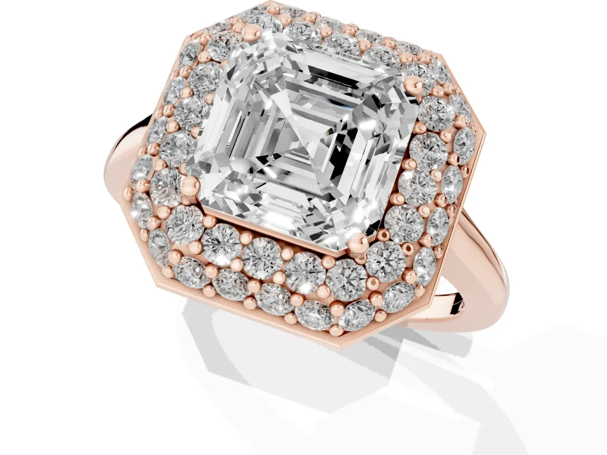 Asscher Cut Halo Diamond Engagement Ring with Solitaire Band and Four-Prong Setting Rose gold