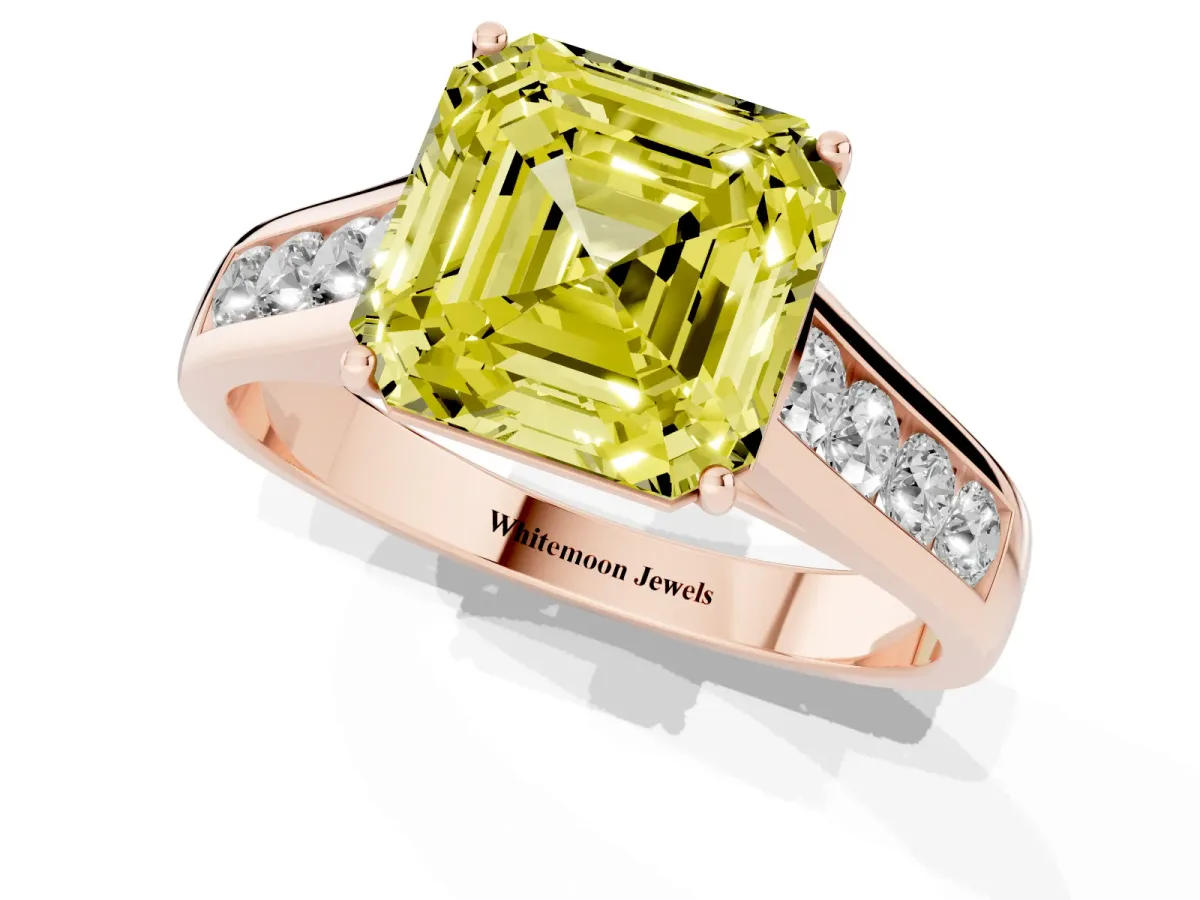 Fancy Yellow Asscher Cut Solitaire Channel-Set Diamond Engagement Ring with Four-Prong Setting Rose gold