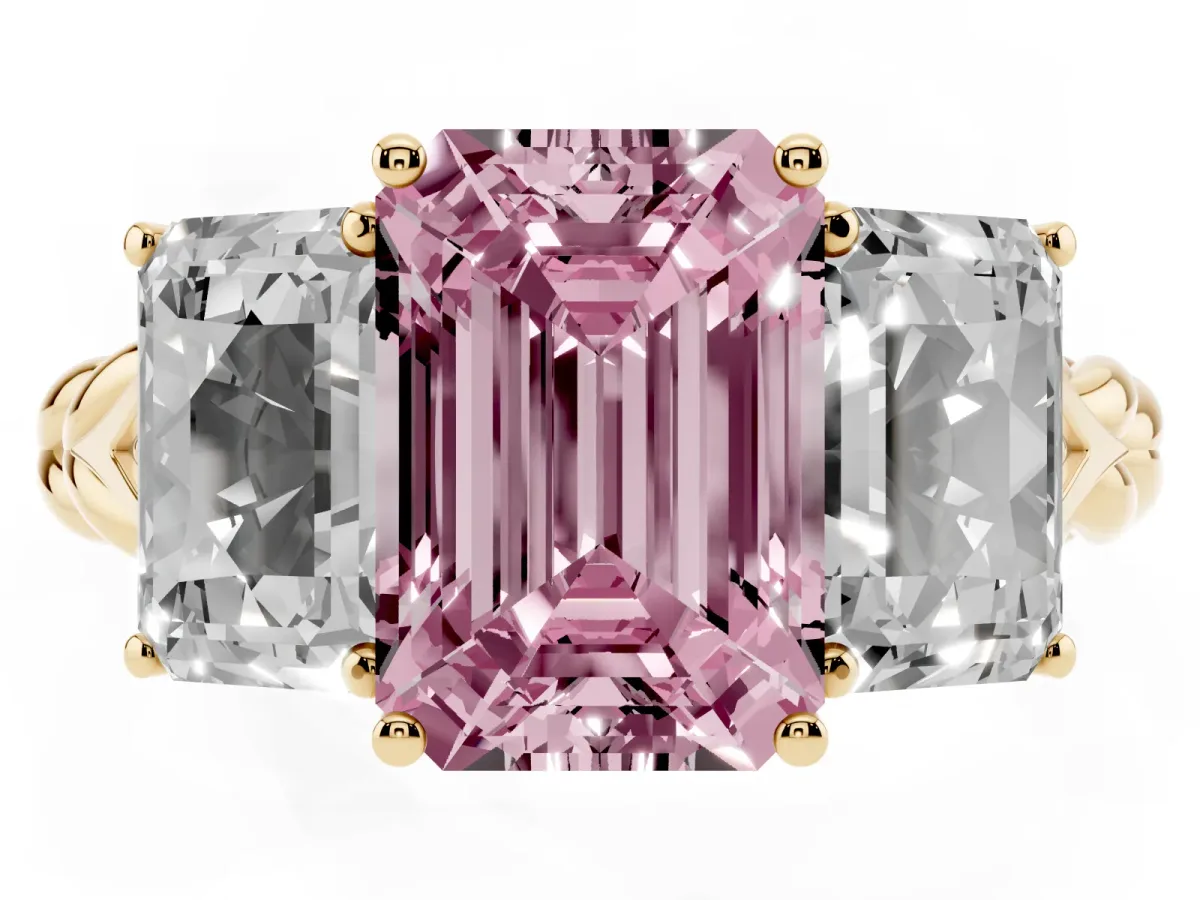 Fancy Pink Three-Stone Radiant Cut Diamond Braided Band Ring with Four-Prong Setting Yellow gold