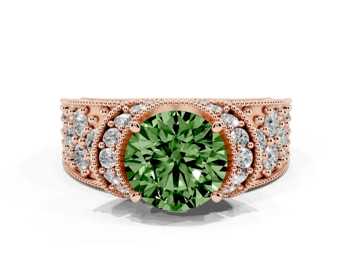 Fancy Green Round Cut Halo Pave Diamond Engagement Ring with Milgrain Detailing Rose gold