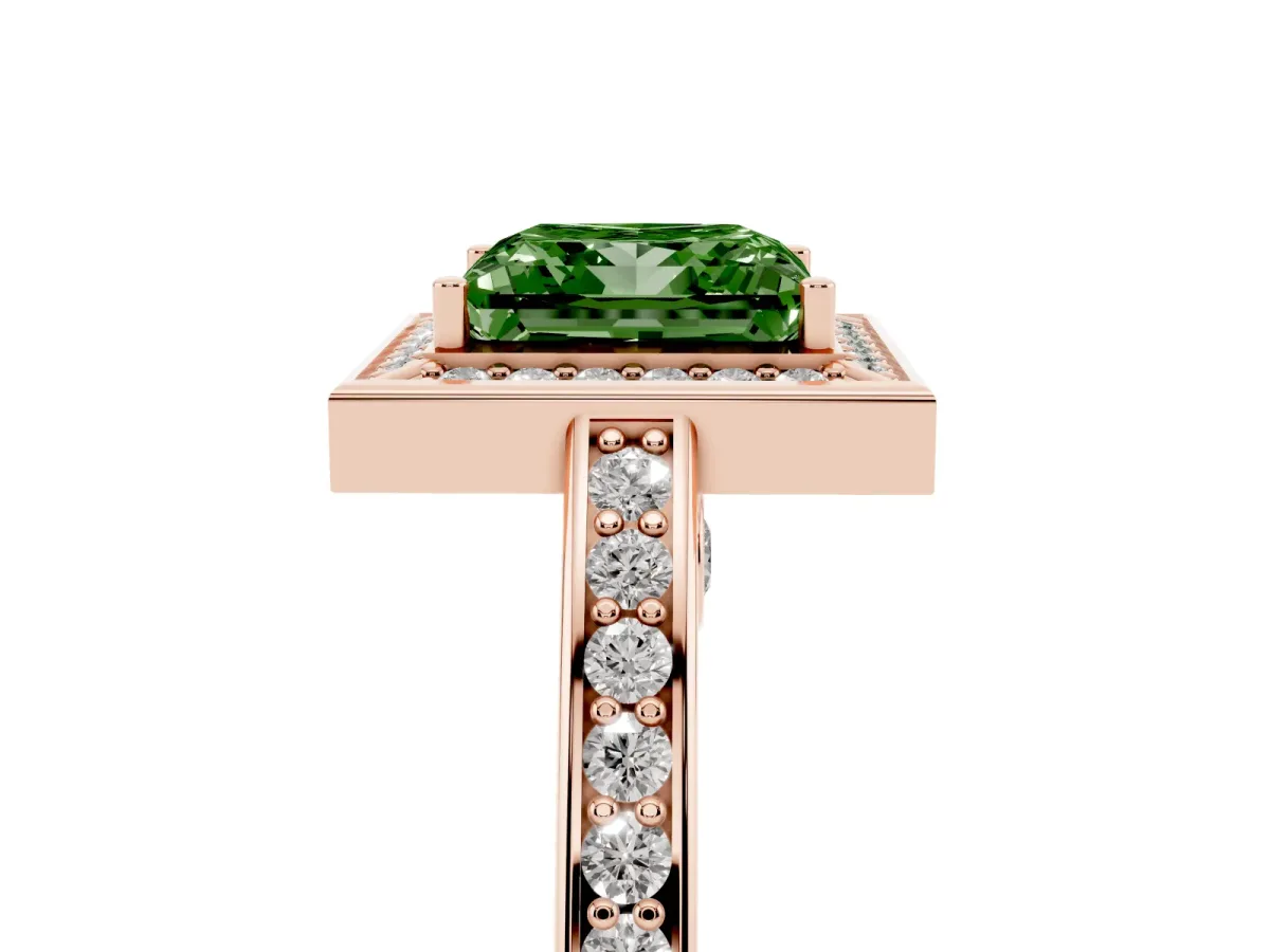Fancy Green Princess Cut Cut Halo Pave Split Shank Prong Setting Ring Rose gold