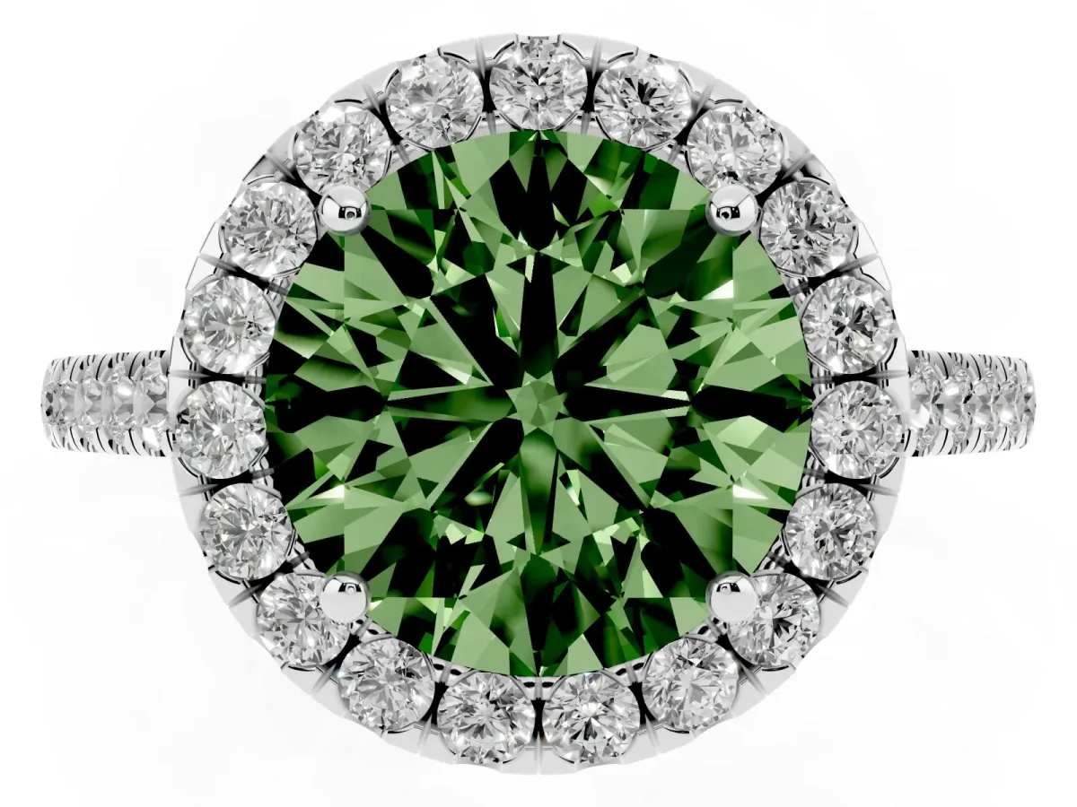 Fancy Green Round Cut Halo Pave Diamond Engagement Ring with Four-Prong Setting White gold
