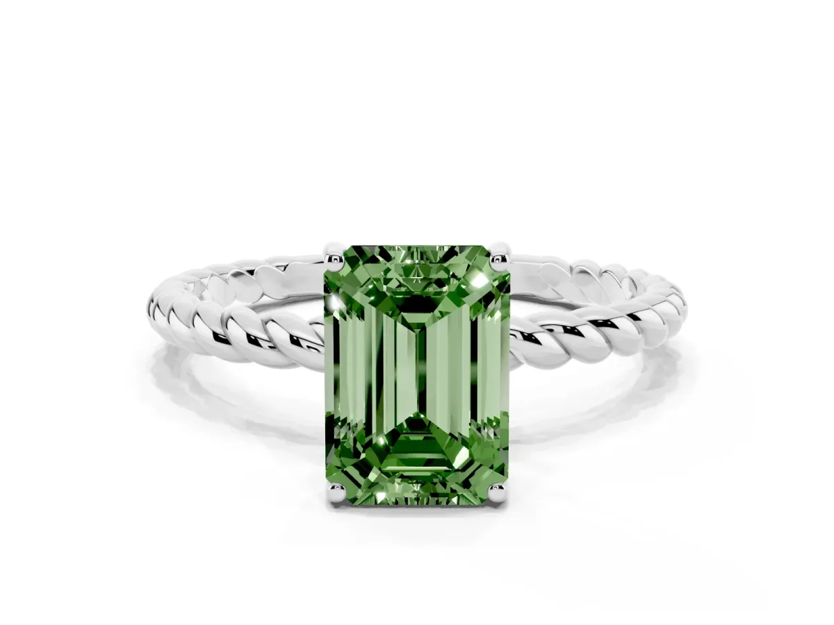 Fancy Green Emerald Cut Solitaire Twist Band Ring with Four-Prong Setting Platinum