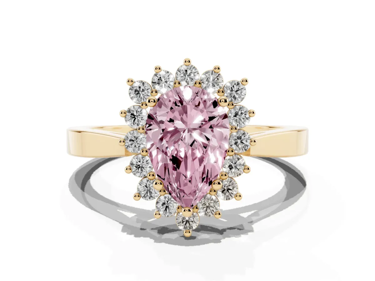 Fancy Pink Pear Cut Cut Diamond Halo Ring with Round Brilliant Halo and Solitaire Band Yellow gold