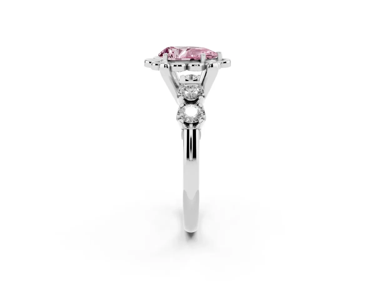 Fancy Pink Pear Cut Cut Diamond Floral Halo Engagement Ring with Shared Prong Setting Silver