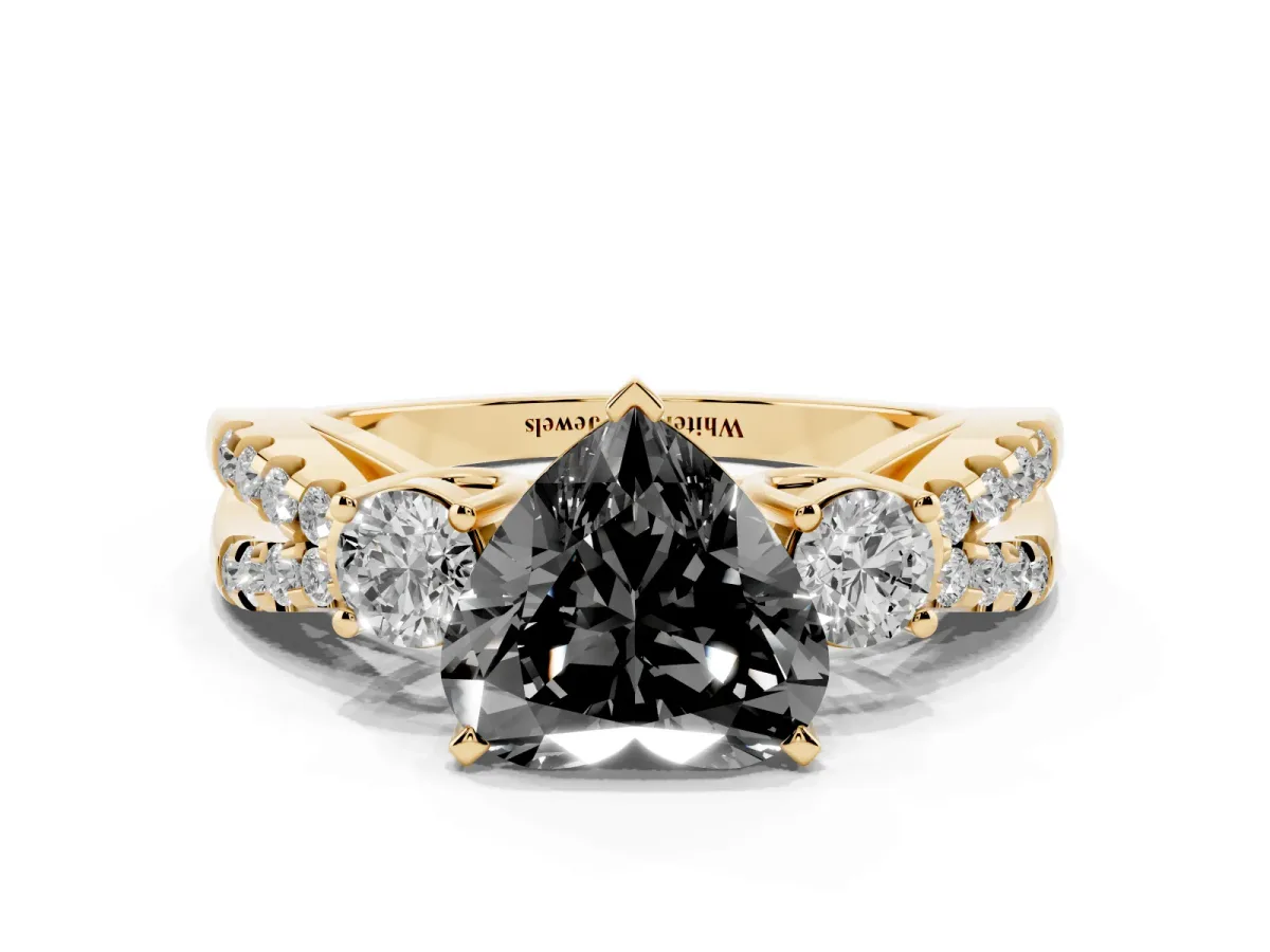 Fancy Black Heart Cut Diamond Three-Stone Ring with Pavé Split Shank and Four-Prong Setting Yellow gold