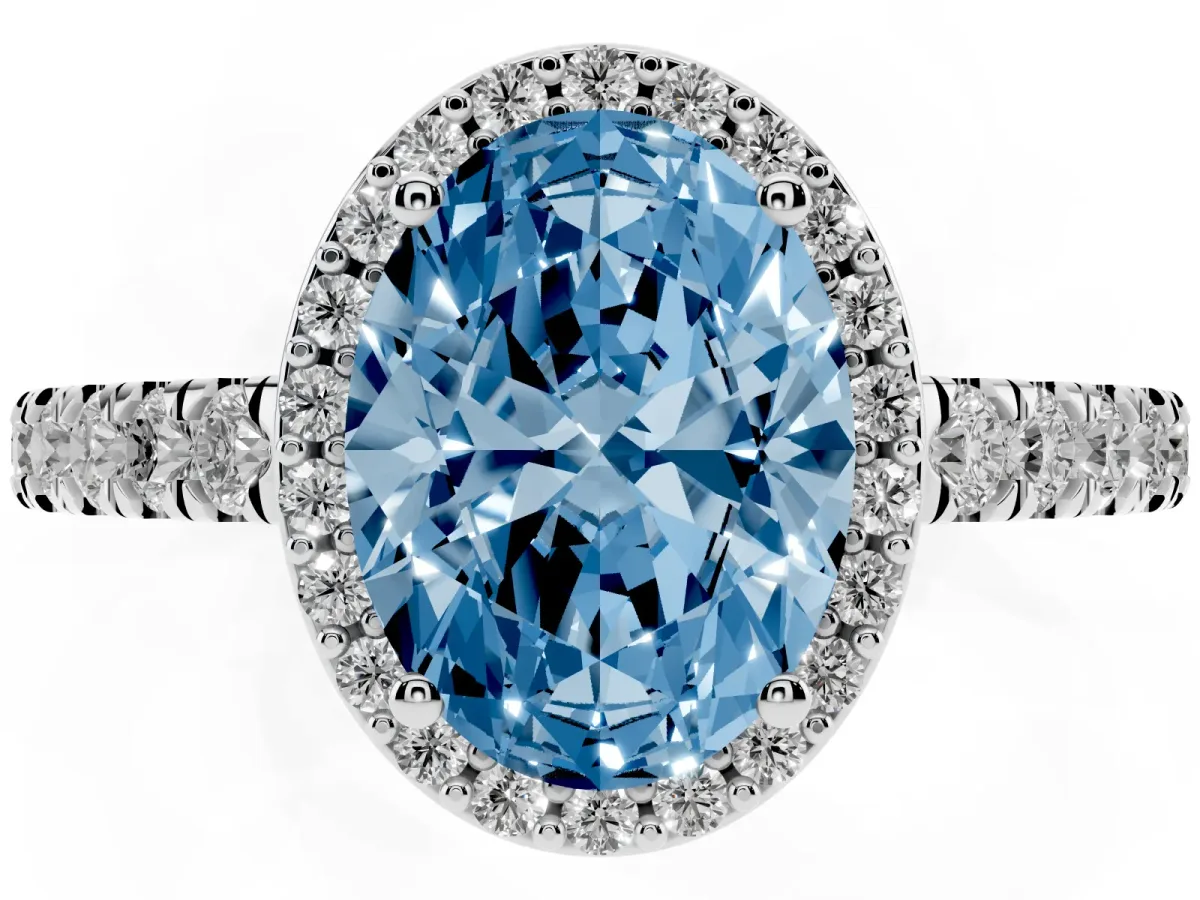 Fancy Blue Oval Cut Cut Halo Diamond Engagement Ring with Pave Band and Four-Prong Setting Silver