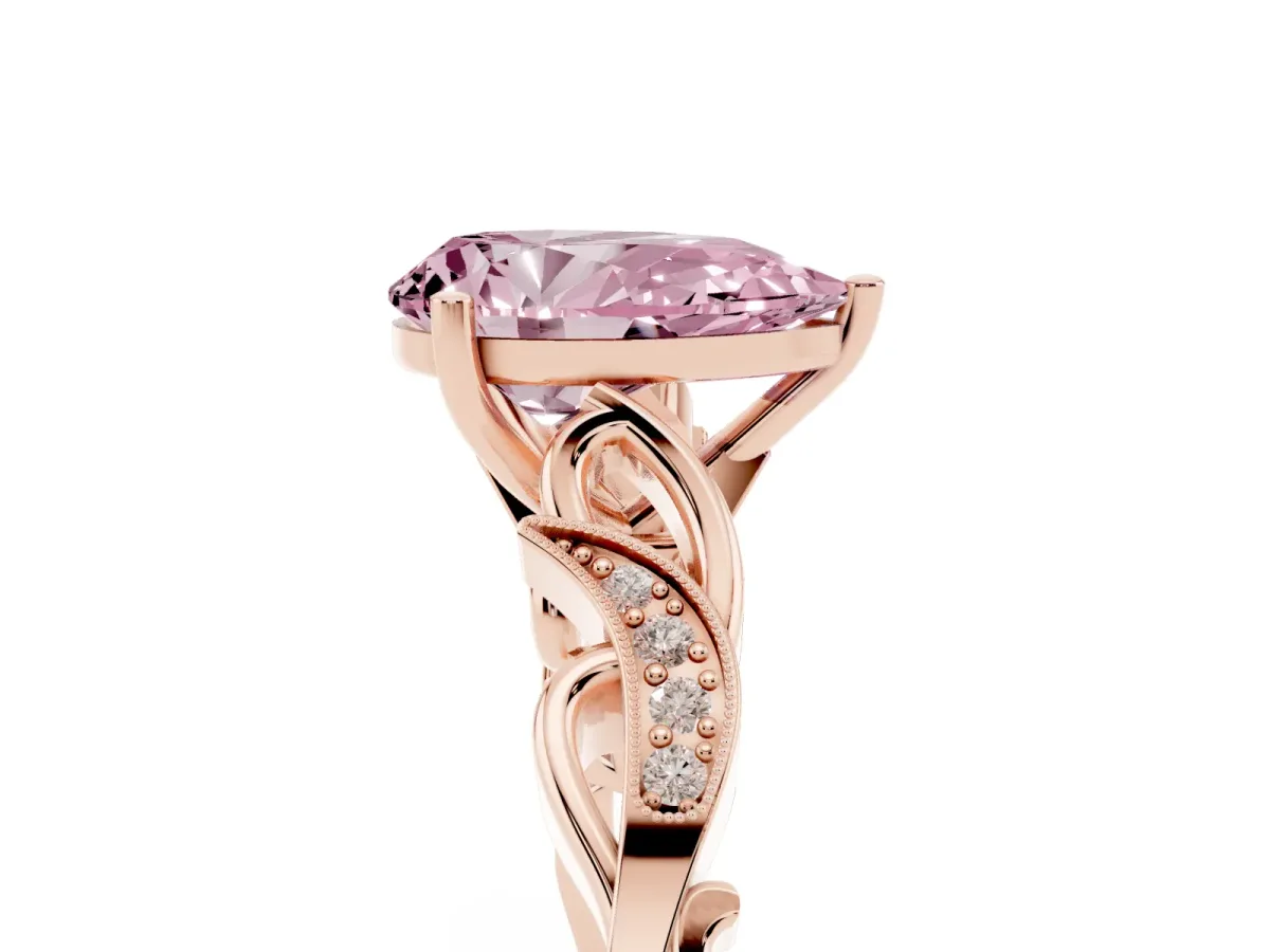 Fancy Pink Pear Cut Solitaire Vine Band with Milgrain Prong Setting Rose gold