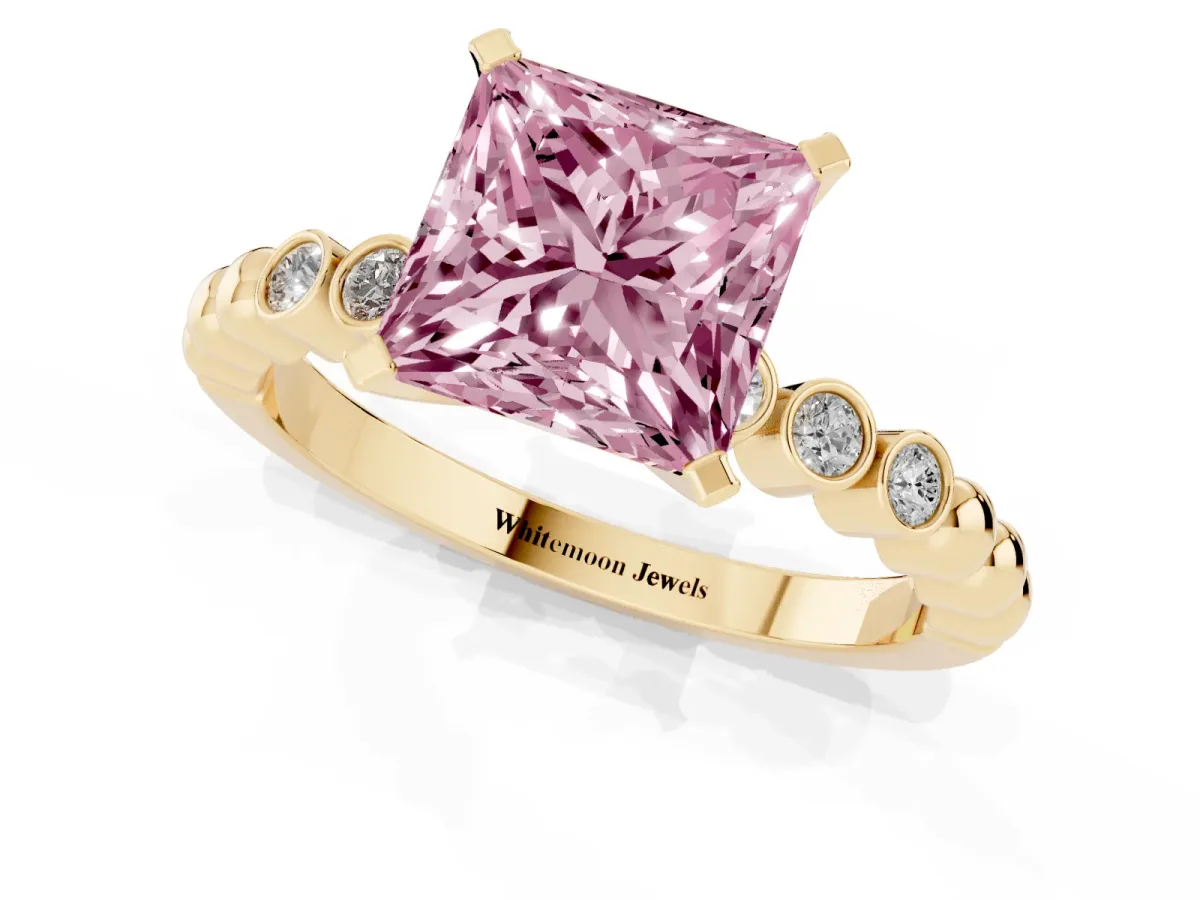 Fancy Pink Princess Cut Solitaire Bezel Accent Diamond Engagement Ring with Beaded Band and Four-Prong Setting Yellow gold