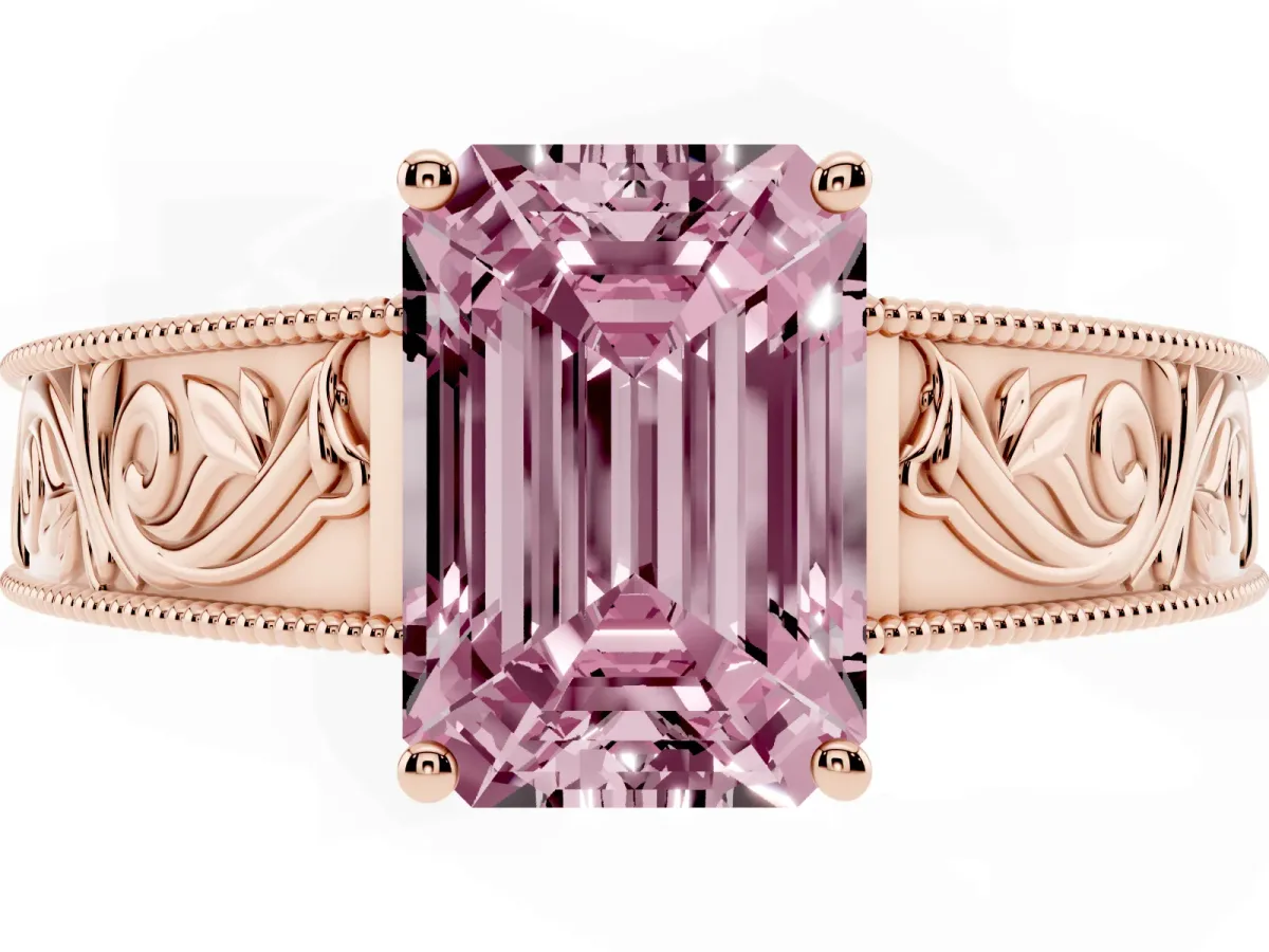 Fancy Pink Emerald Cut Diamond Solitaire Ring with Engraved Band and Four-Prong Setting Rose gold