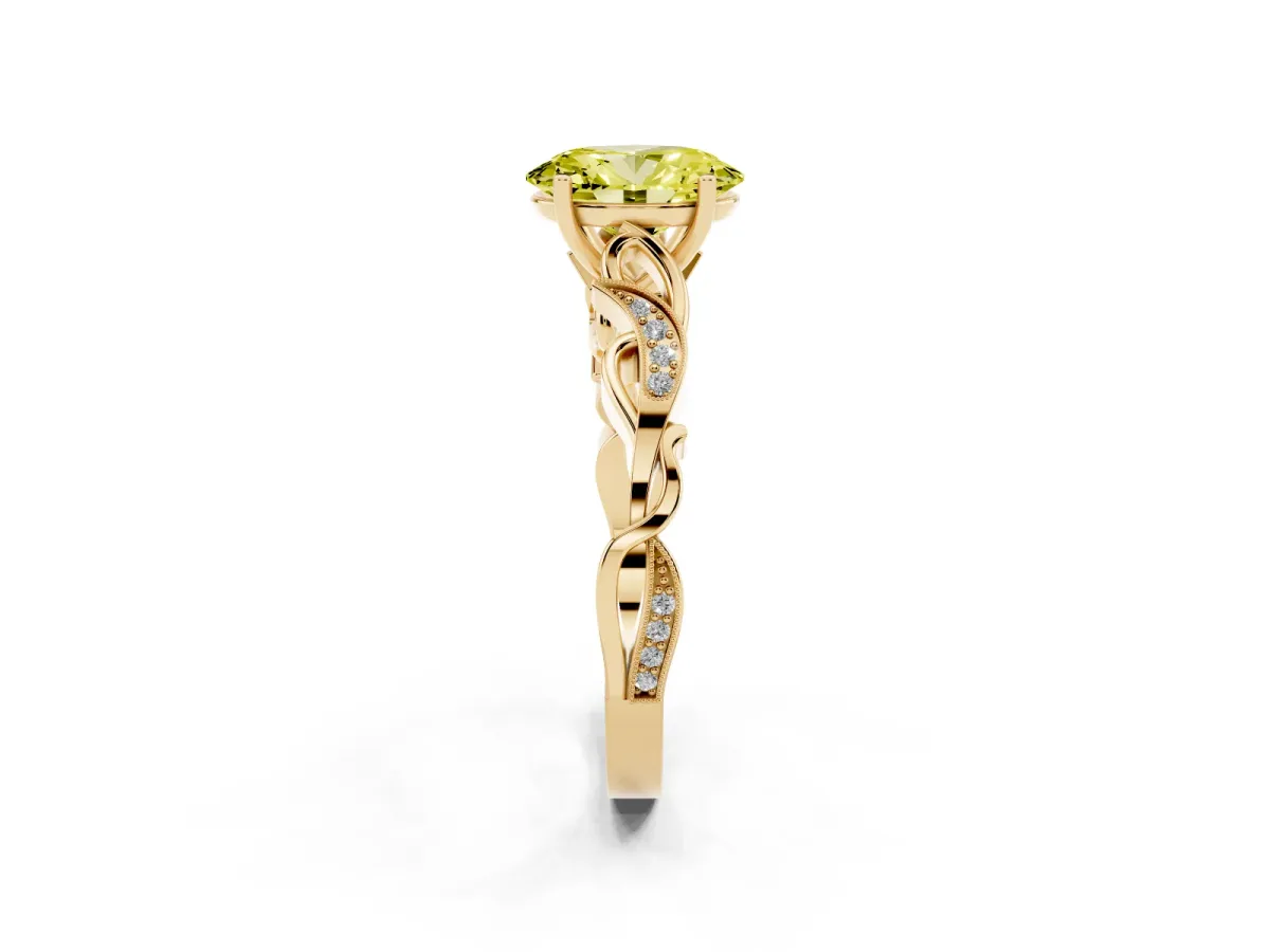 Fancy Yellow Oval Cut Solitaire Vine Band with Milgrain Prong Setting Yellow gold