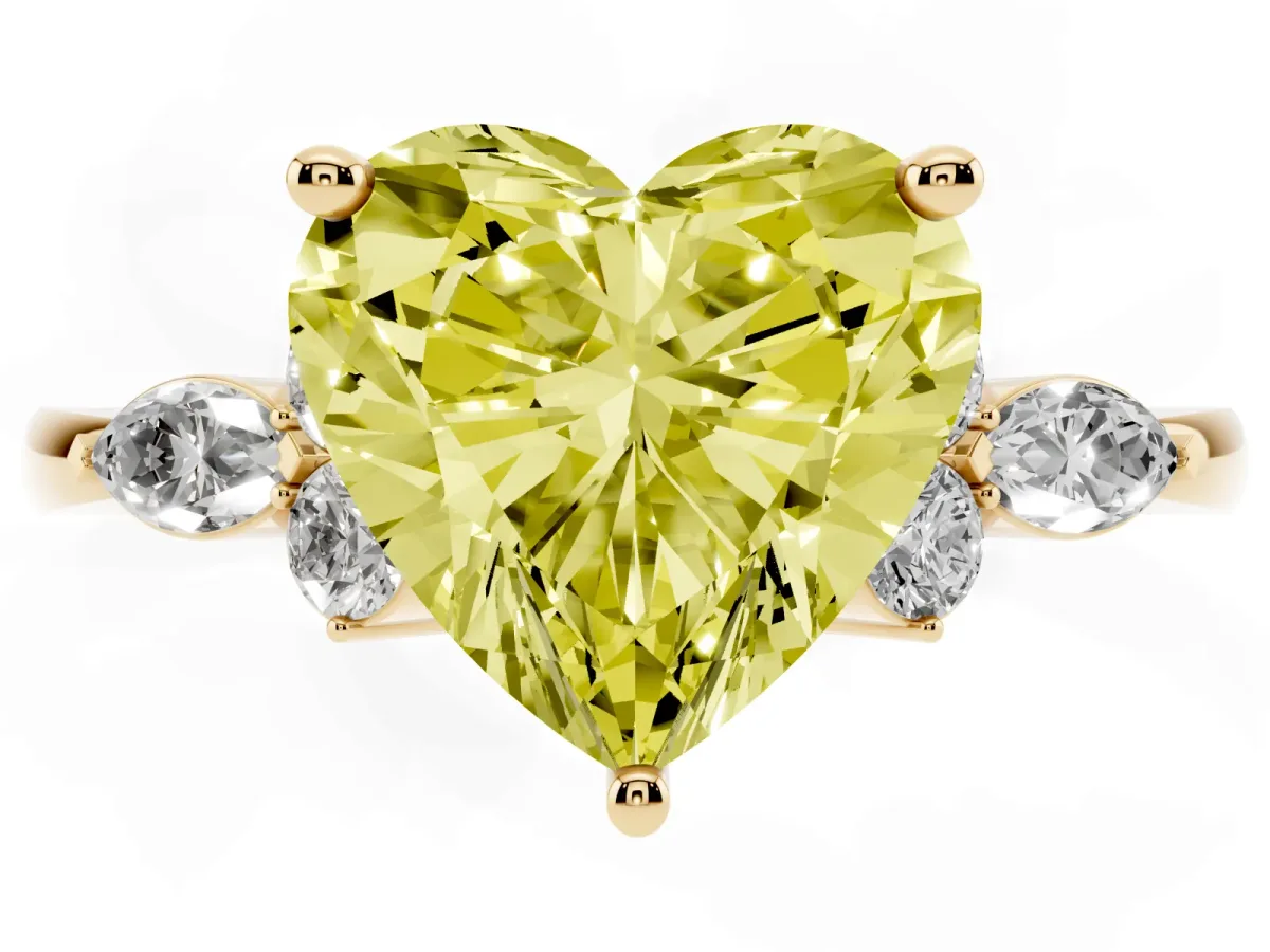 Fancy Yellow Heart Cut Brilliant Diamond Solitaire Ring with Pear Side Stones and Four-Prong Setting Yellow gold