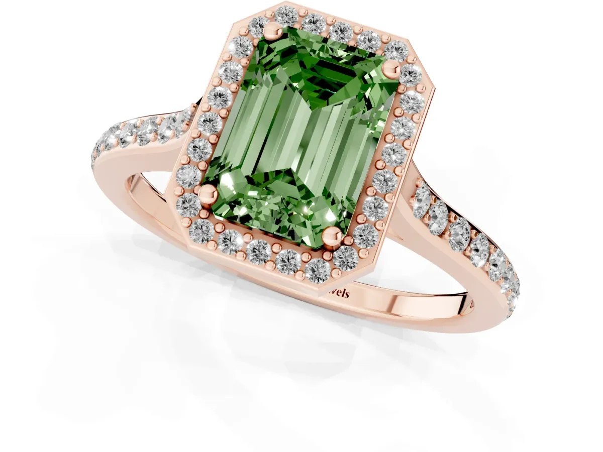 Fancy Green Emerald Cut Diamond Halo Engagement Ring with Round Pavé Shoulders and Prong Setting Rose gold