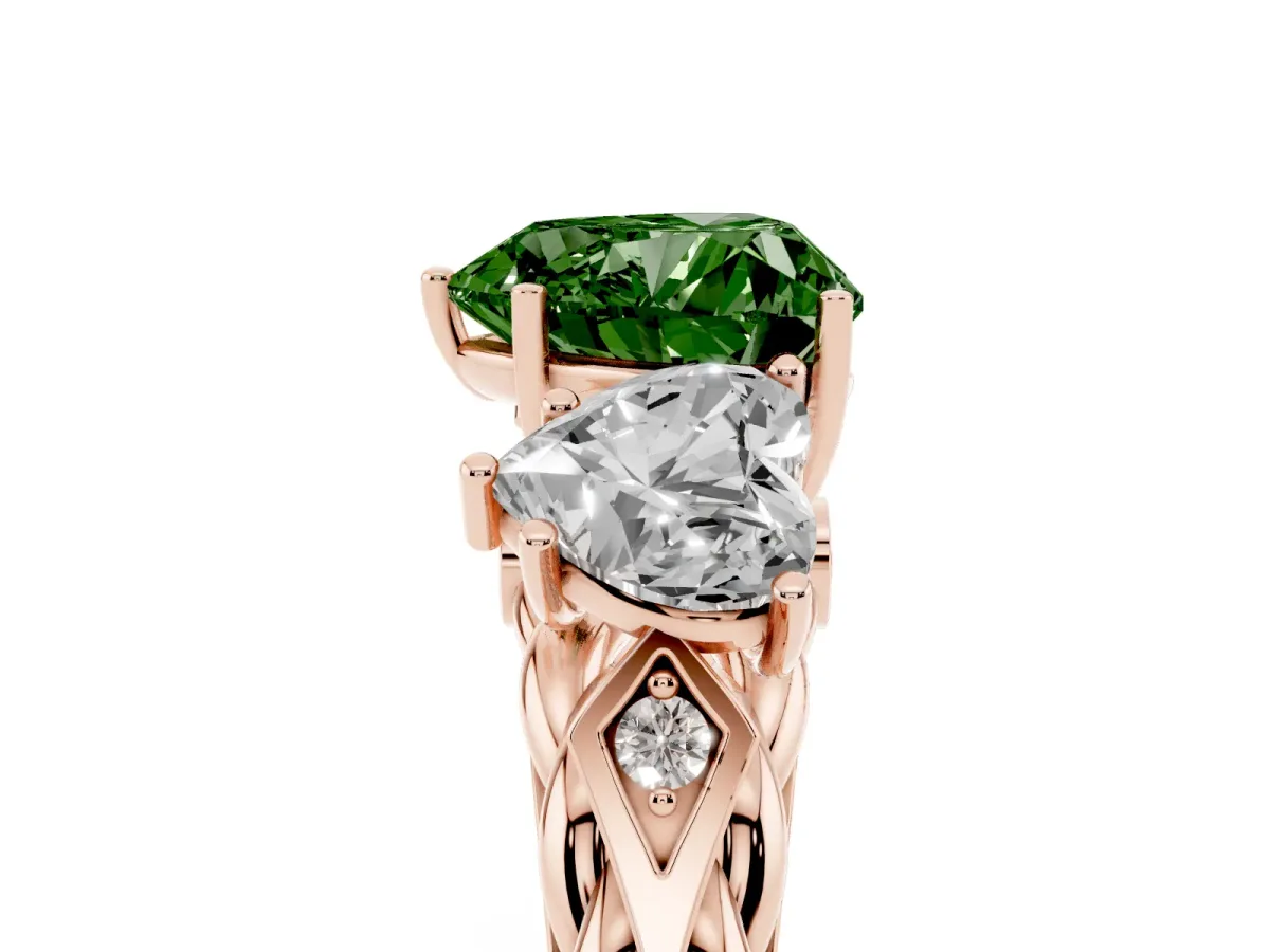 Fancy Green Three-Stone Heart Cut Diamond Braided Band Ring with Four-Prong Setting Rose gold