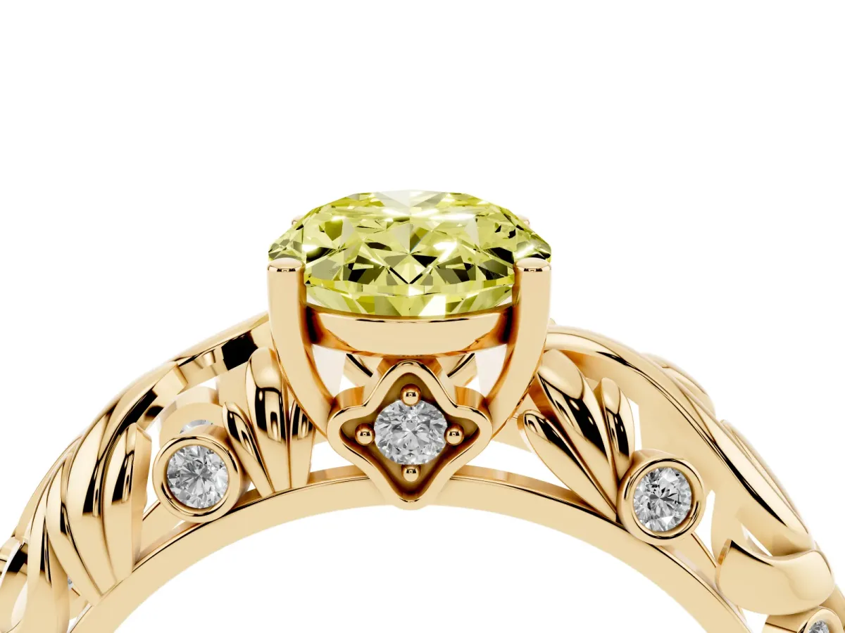 Fancy Yellow Oval Cut Solitaire Diamond Leaf-Inspired Vine Band Ring with Prong Setting Yellow gold
