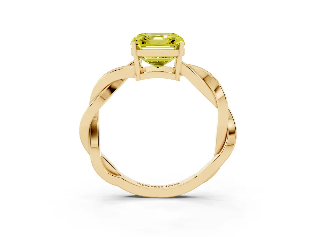 Fancy Yellow Asscher Cut Solitaire Twisted Pave Diamond Ring with Four-Prong Setting Yellow gold
