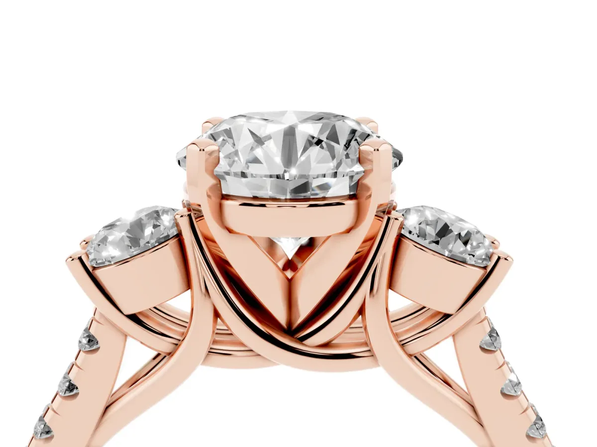 Three-Stone Round Cut Diamond Pavé Band with Four-Prong Setting Rose gold