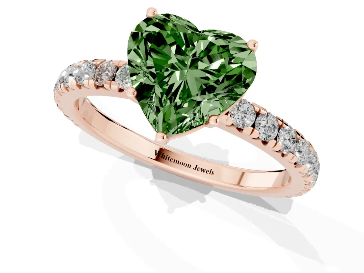 Fancy Green Heart Cut Diamond Pavé Solitaire Engagement Ring with Four-Prong Setting Rose gold