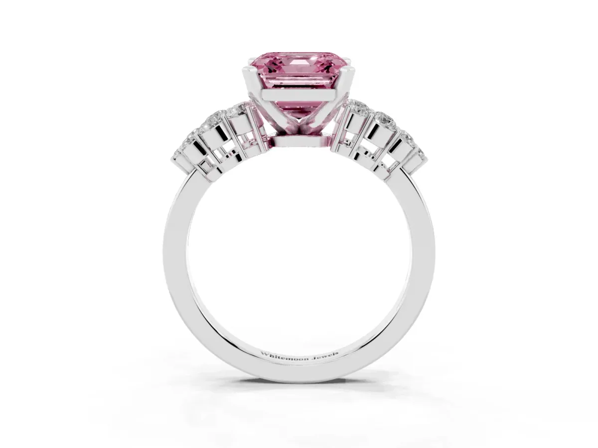 Fancy Pink Asscher Cut Cluster Diamond Engagement Ring with Pavé Band and Four-Prong Setting Silver