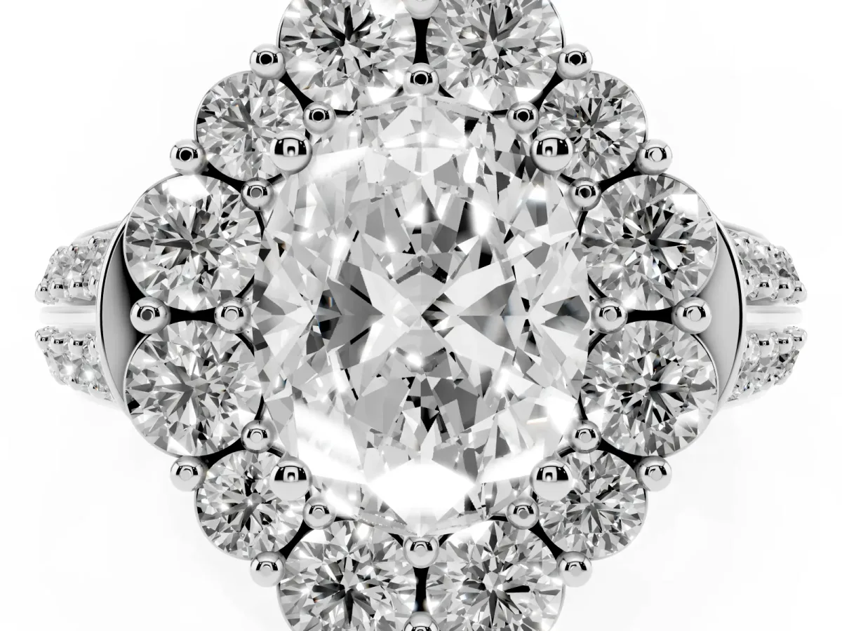 Oval Cut Halo Diamond Engagement Ring with Split Shank and Prong Setting Silver