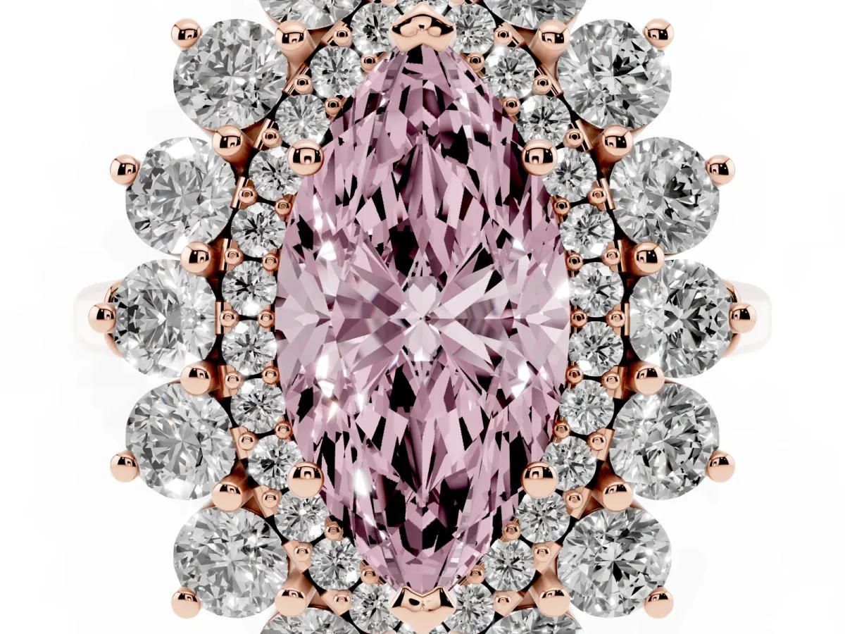 Fancy Pink Marquise Cut Diamond Floral Double Halo Engagement Ring with Prong Setting Rose gold