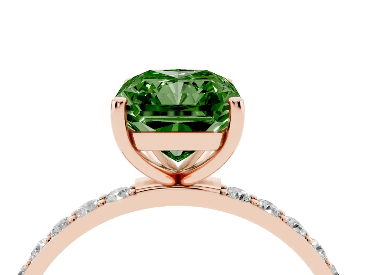 Fancy Green Radiant Cut Diamond Solitaire Ring with Round Pavé Shoulders and Prong Setting Rose gold