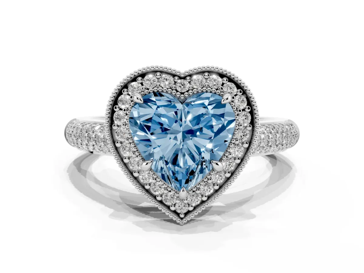 Fancy Blue Heart Cut Cut Halo Diamond Pave Band with Four-Prong Setting Platinum