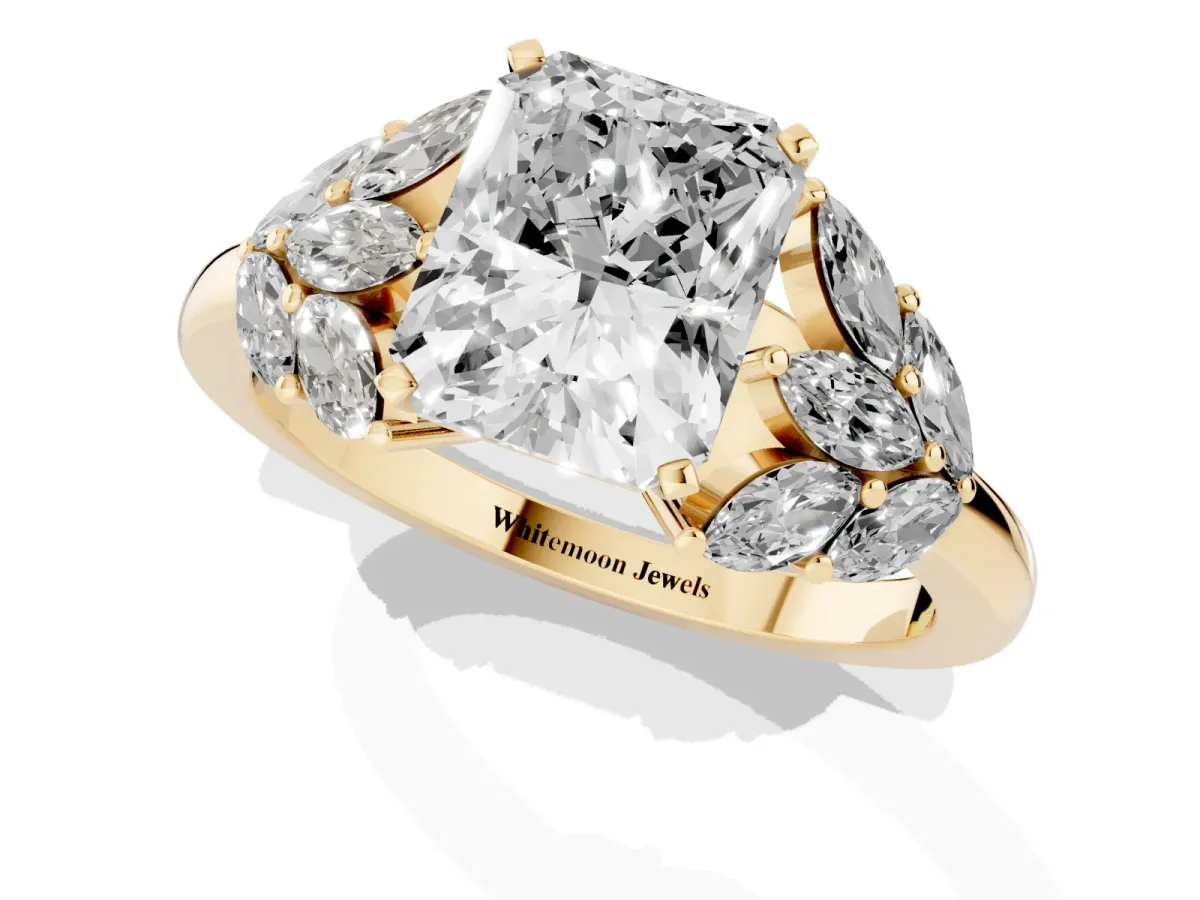 Radiant Cut Diamond Cluster Leaf Design Ring with Prong Setting Yellow gold