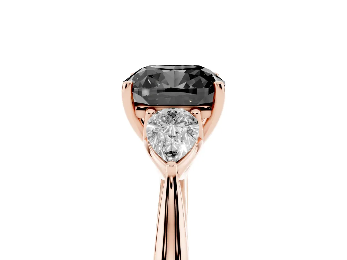 Fancy Black Cushion Cut Diamond Three-Stone Ring with Pear Side Stones and Prong Setting Rose gold