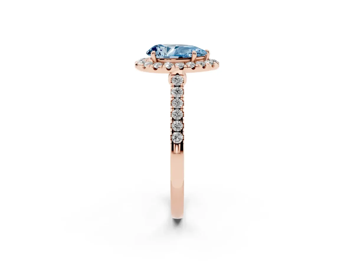 Fancy Blue Pear Cut Halo Pave Diamond Engagement Ring with Four-Prong Setting Rose gold