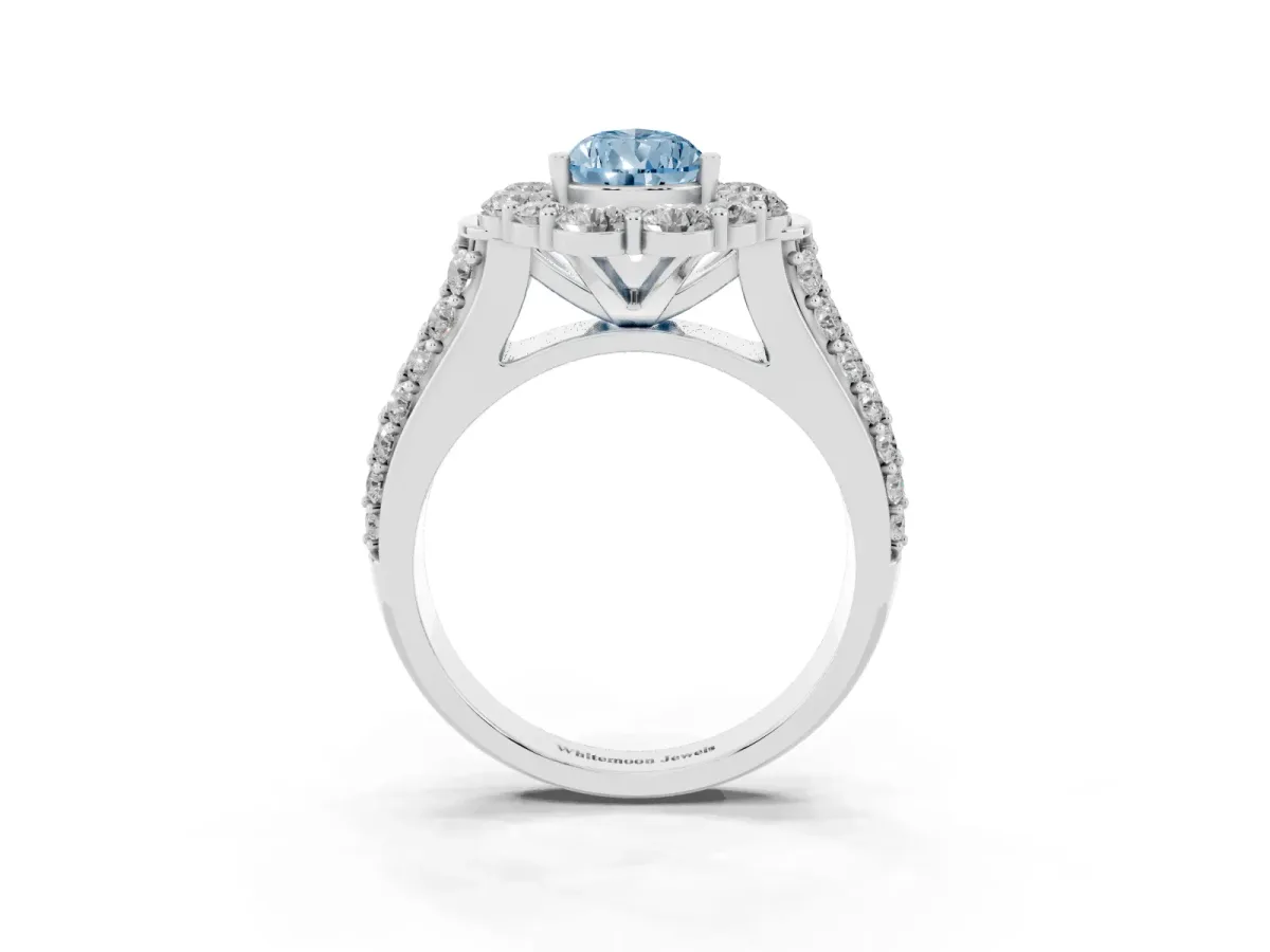 Fancy Blue Pear Cut Halo Diamond Engagement Ring with Split Shank and Prong Setting Silver