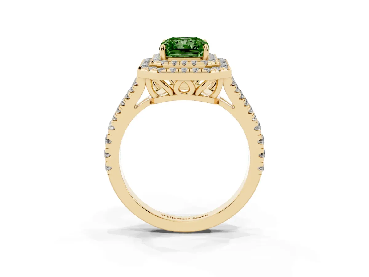 Fancy Green Radiant Cut Diamond Double Halo Ring with Pavé Band and Prong Setting Yellow gold