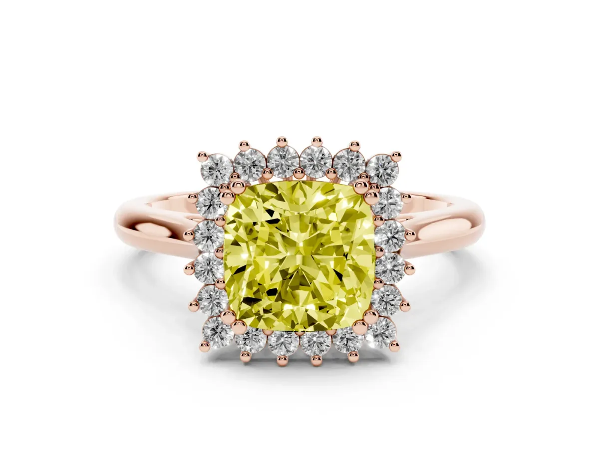 Fancy Yellow Cushion Cut Cut Diamond Halo Ring with Solitaire Band and Prong Setting Rose gold