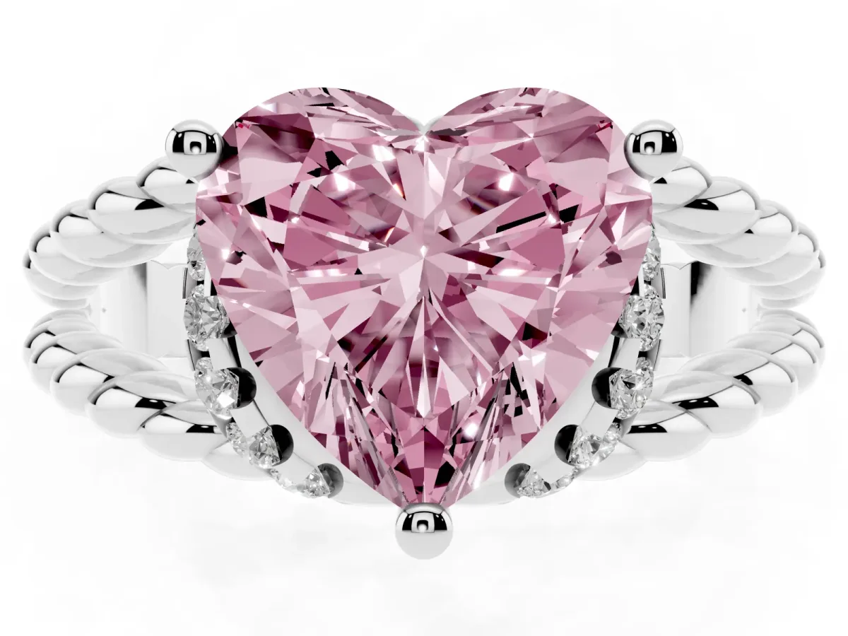Fancy Pink Heart Cut Halo Twisted Band Four-Prong Ring Silver