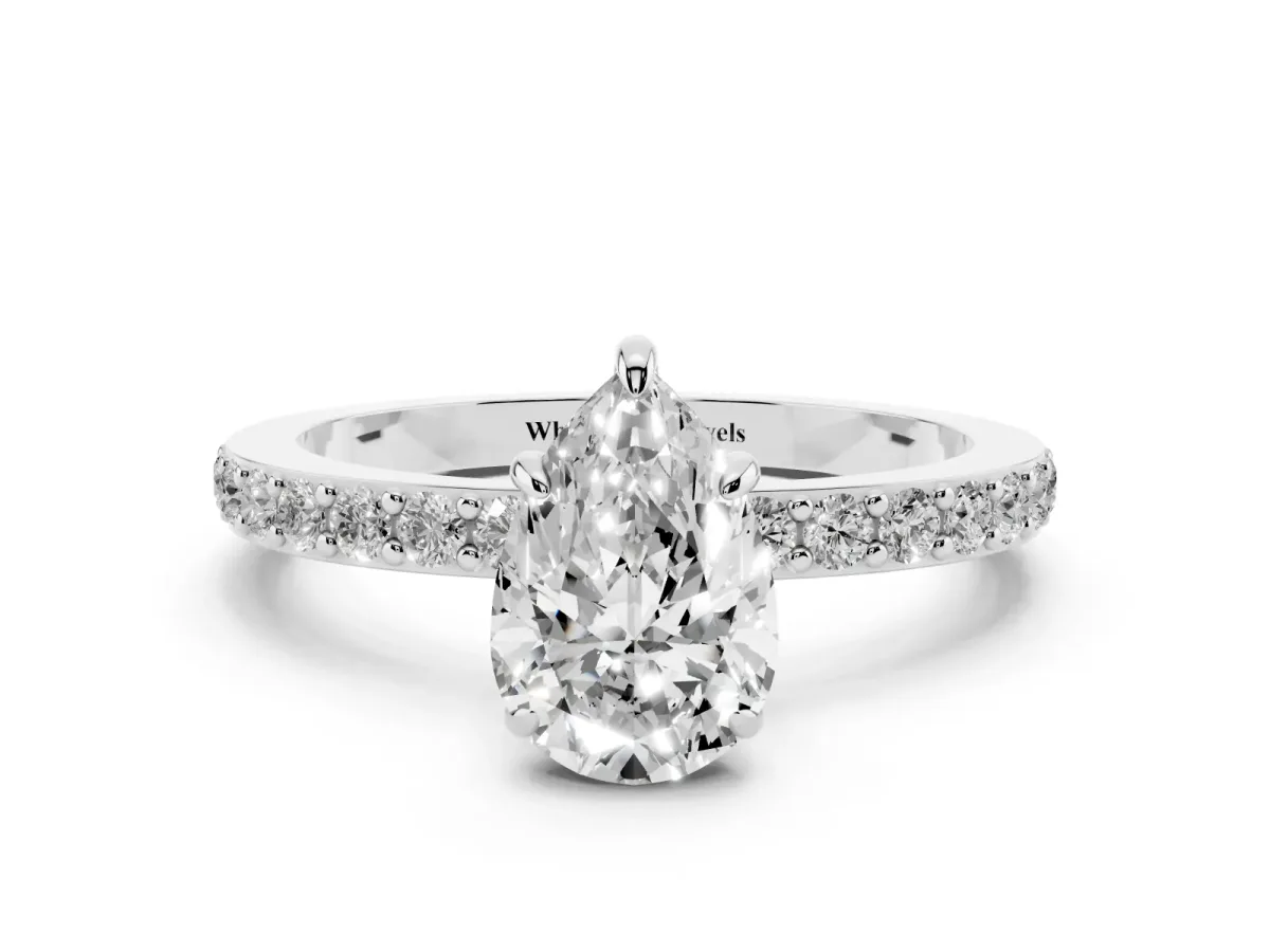 Pear Cut Diamond Pavé Engagement Ring with Round Accents and Prong Setting Platinum