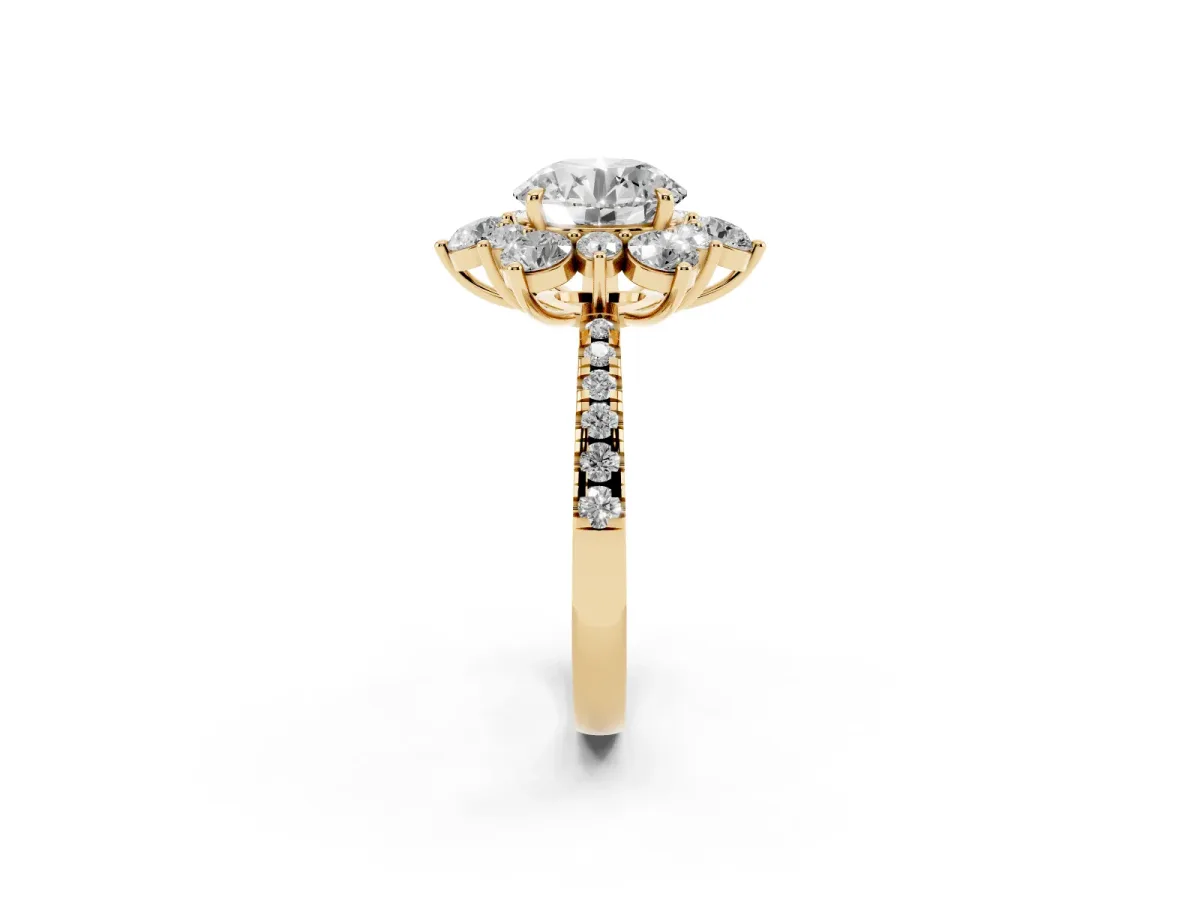 Round Cut Diamond Floral Halo Ring with Round Pavé Band and Prong Setting Yellow gold