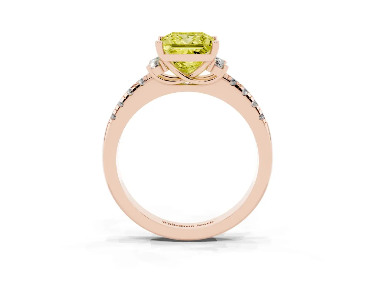 Fancy Yellow Princess Cut Diamond Three-Stone Pave Band with Four-Prong Setting Rose gold