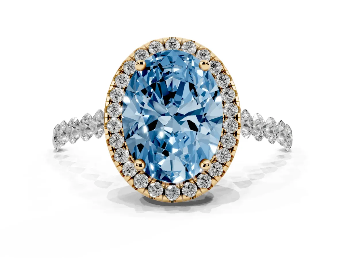 Fancy Blue Oval Cut Halo Pavé Diamond Engagement Ring with Four-Prong Setting Yellow gold