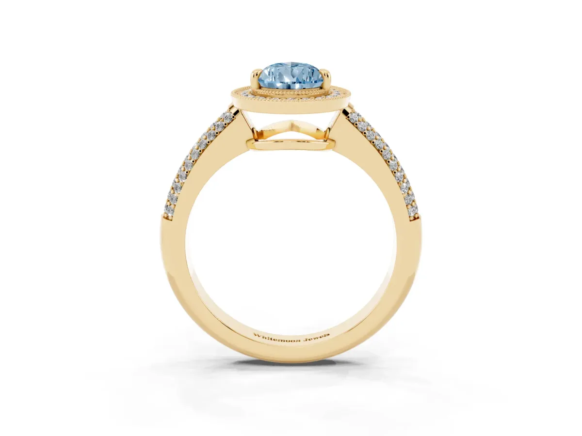 Fancy Blue Pear Cut Cut Halo Diamond Pave Band with Four-Prong Setting Yellow gold